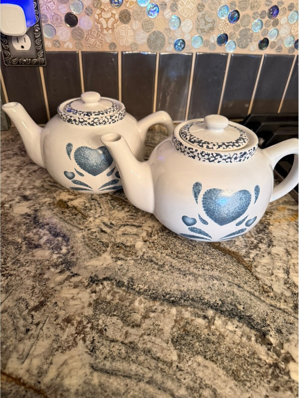 Vintage Ceramic Teapot with Blue Heart Design, Set of 2